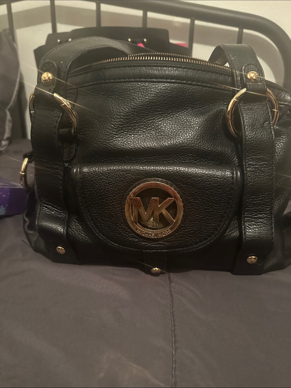 Michael Kors Black Leather Shoulder Bag with Gold MK Emblem